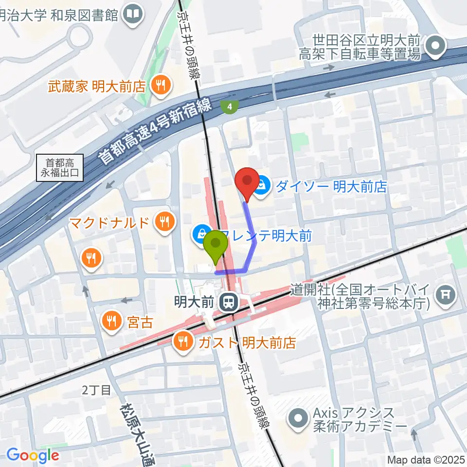 ハナムラ楽器の最寄駅明大前駅からの徒歩ルート（約1分）地図