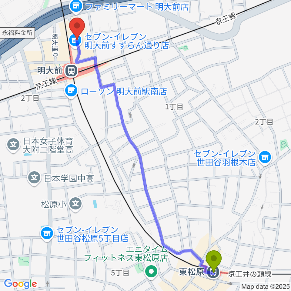 東松原駅からハナムラ楽器へのルートマップ地図