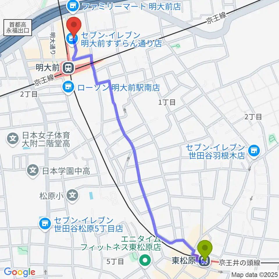 東松原駅からハナムラ楽器へのルートマップ地図
