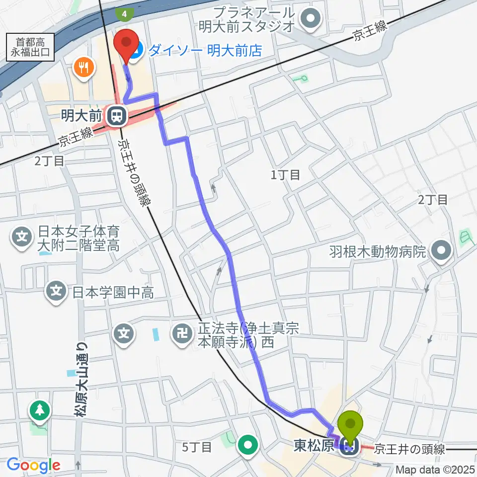 東松原駅からハナムラ楽器へのルートマップ地図