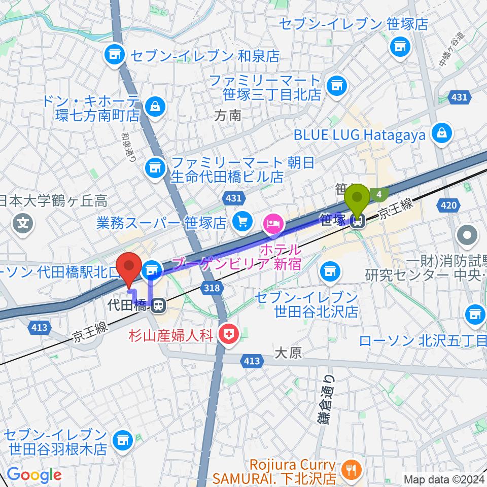 笹塚駅から代田橋CHUBBYへのルートマップ地図