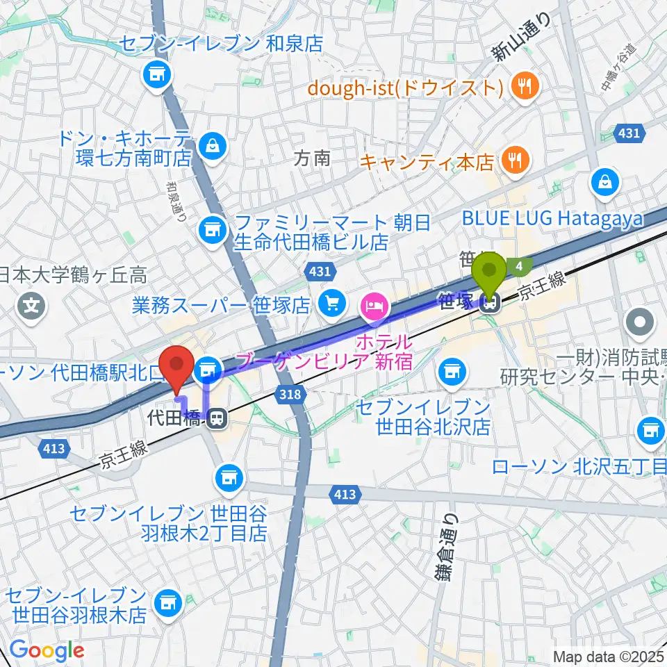 笹塚駅から代田橋CHUBBYへのルートマップ地図