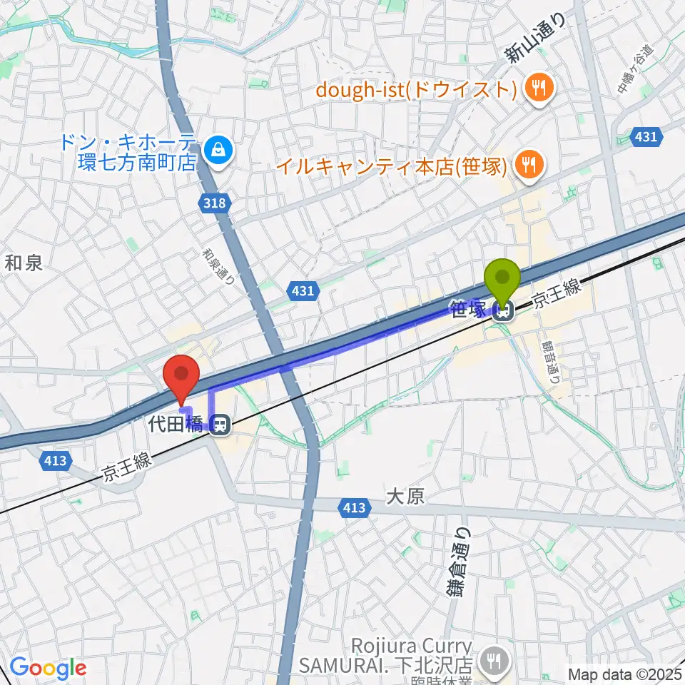 笹塚駅から代田橋CHUBBYへのルートマップ地図
