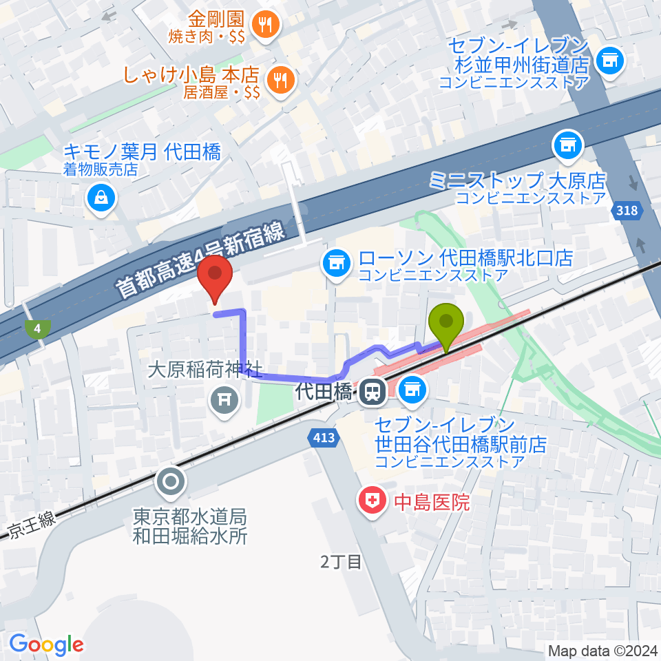 代田橋CHUBBYの最寄駅代田橋駅からの徒歩ルート（約3分）地図