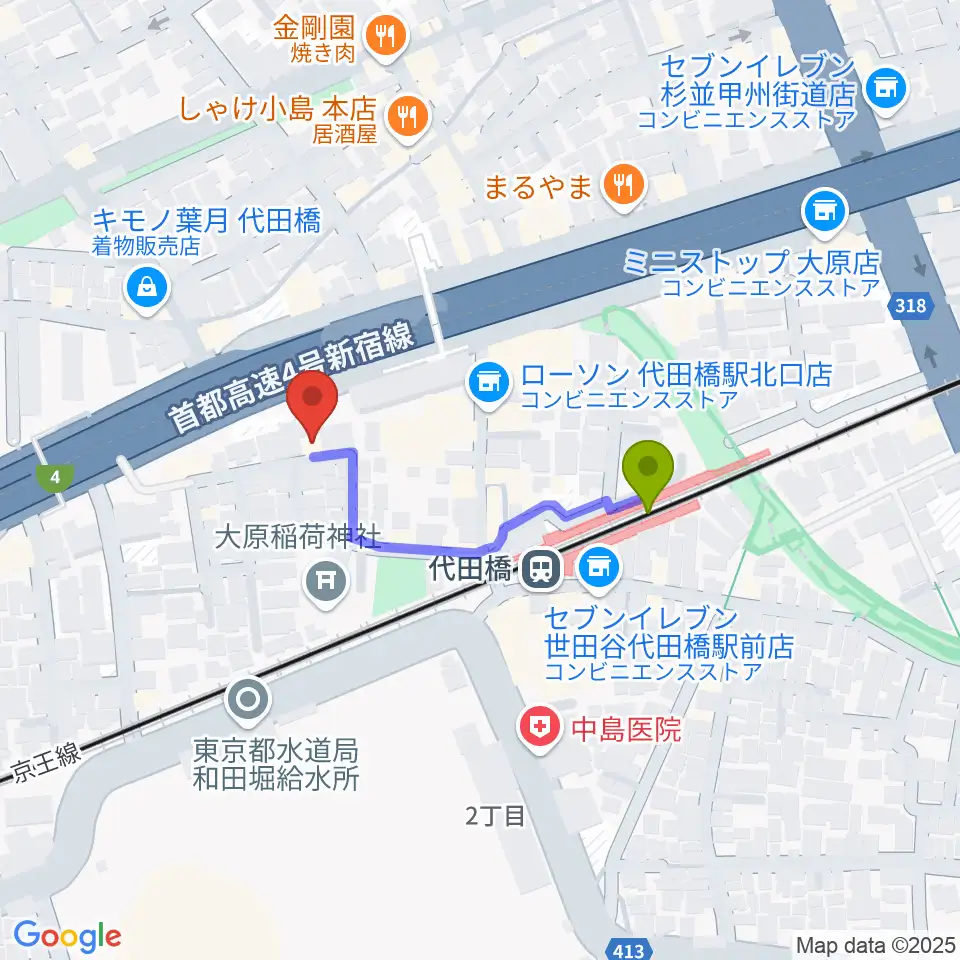 代田橋CHUBBYの最寄駅代田橋駅からの徒歩ルート（約3分）地図