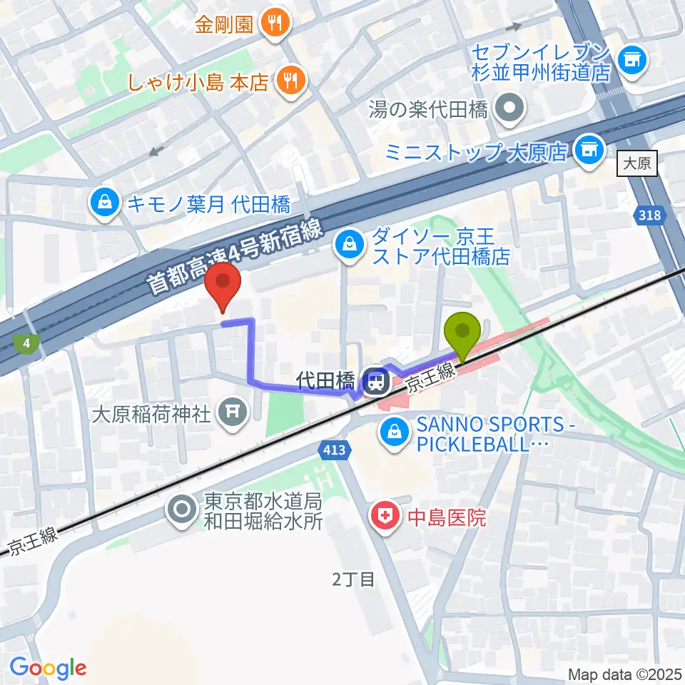 代田橋CHUBBYの最寄駅代田橋駅からの徒歩ルート（約3分）地図