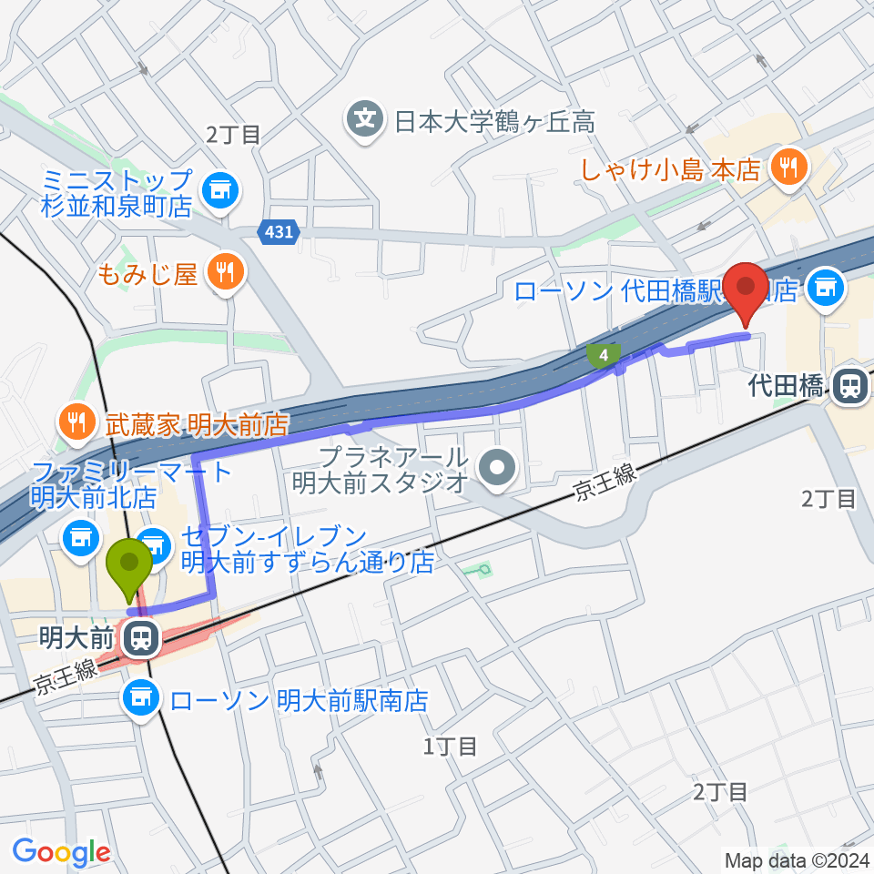 明大前駅から代田橋CHUBBYへのルートマップ地図