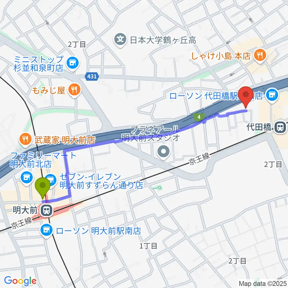 明大前駅から代田橋CHUBBYへのルートマップ地図