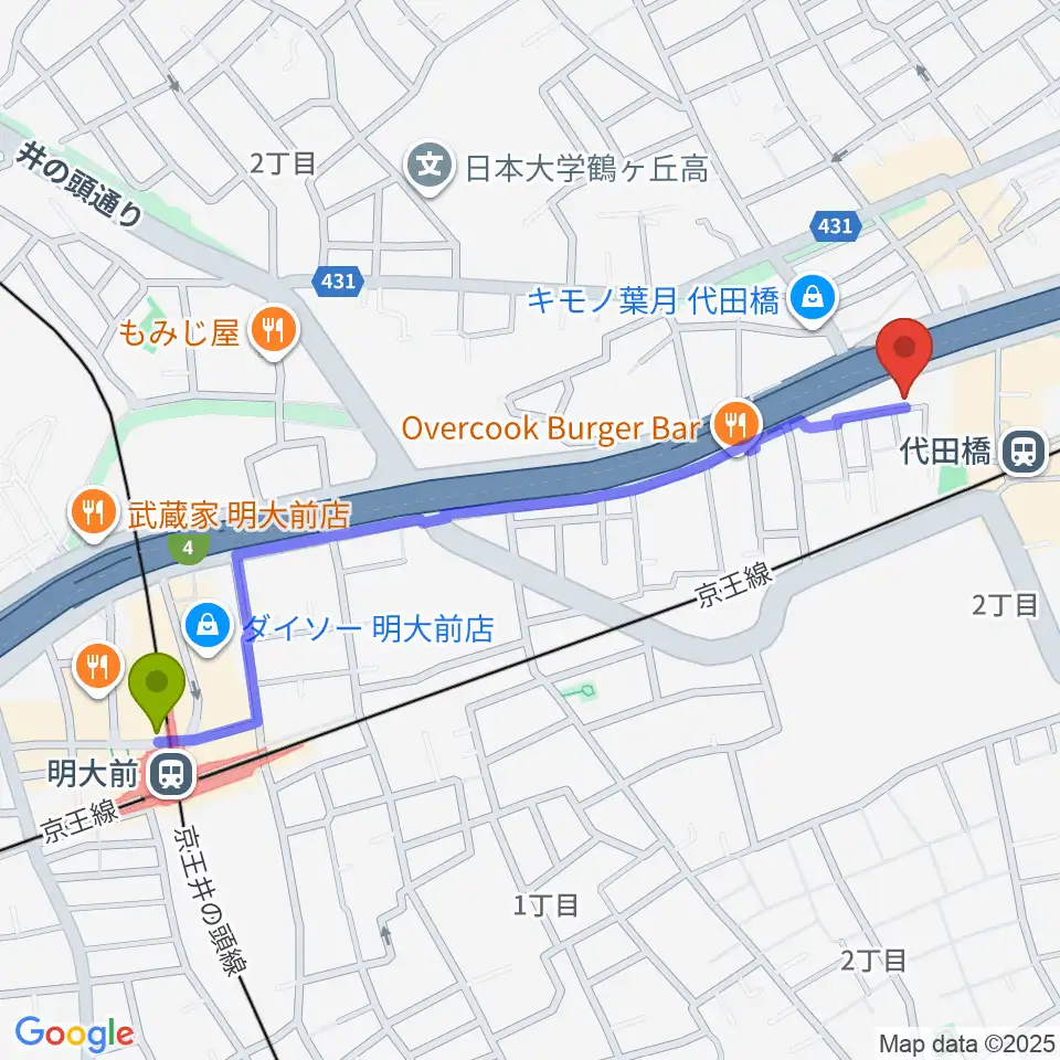 明大前駅から代田橋CHUBBYへのルートマップ地図