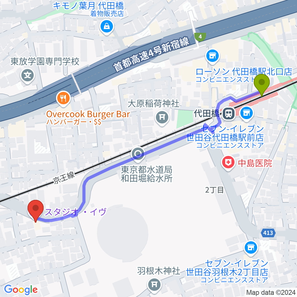 スタジオ・イヴ Stringraphyの最寄駅代田橋駅からの徒歩ルート（約7分）地図