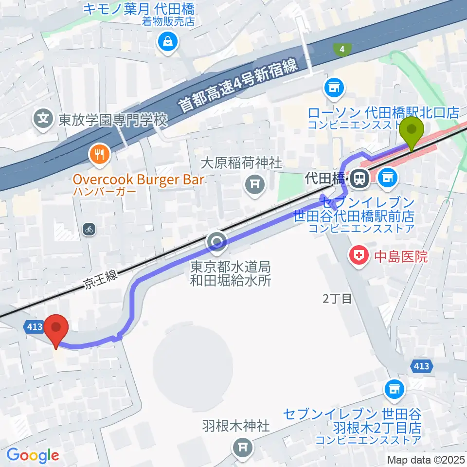 スタジオ・イヴ Stringraphyの最寄駅代田橋駅からの徒歩ルート（約7分）地図