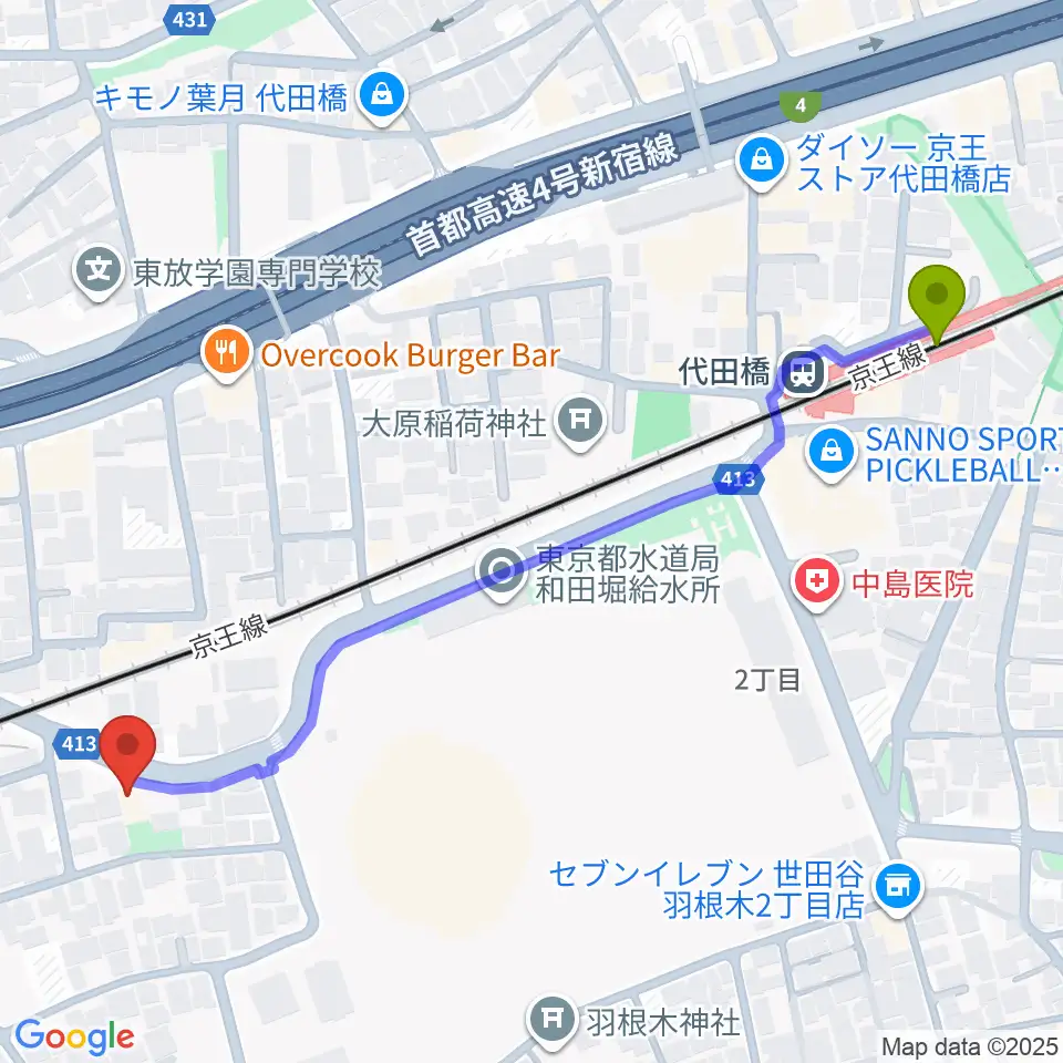 スタジオ・イヴ Stringraphyの最寄駅代田橋駅からの徒歩ルート（約7分）地図