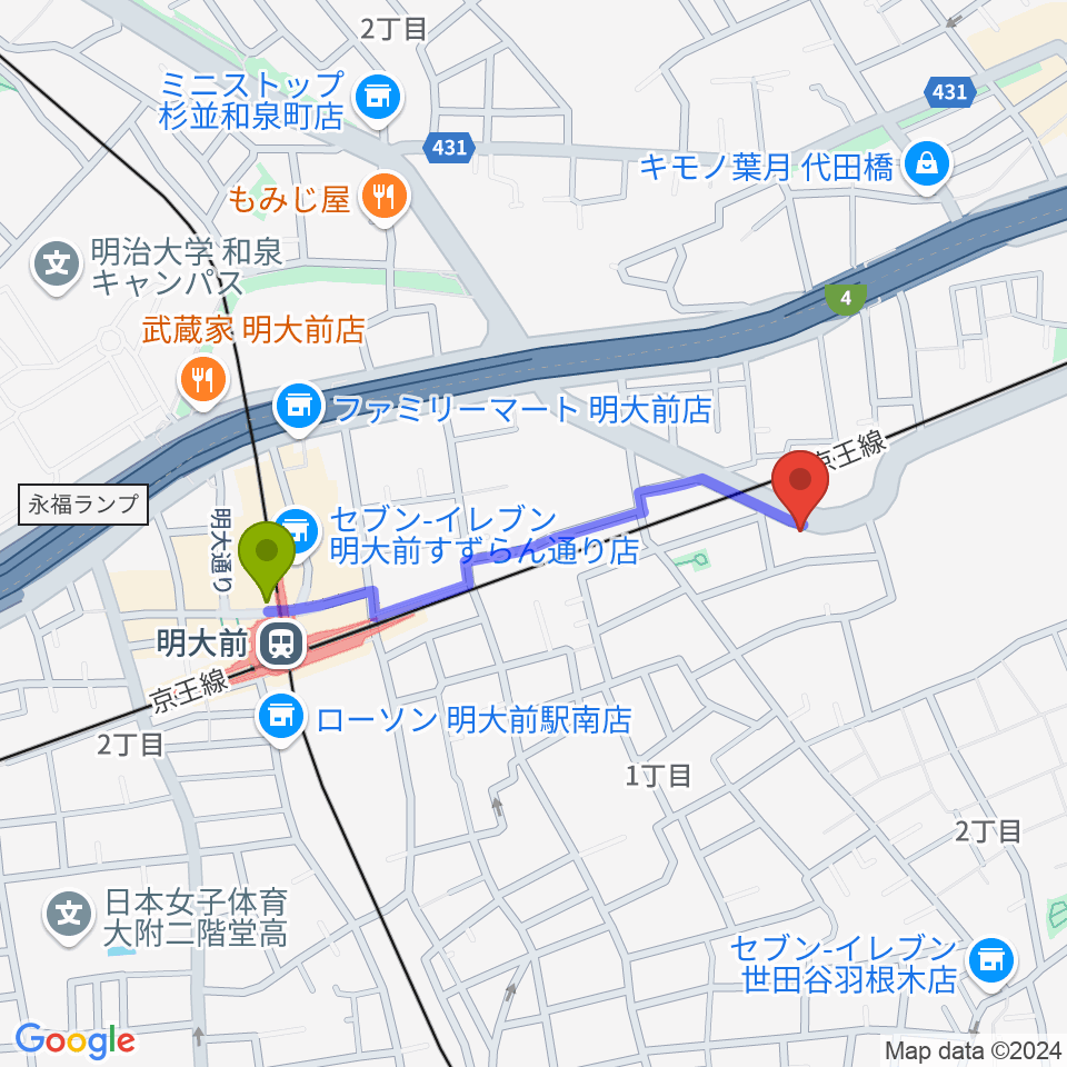 明大前駅からスタジオ・イヴ Stringraphyへのルートマップ地図