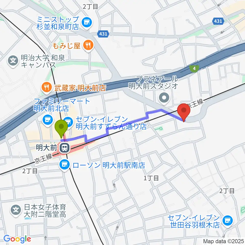 明大前駅からスタジオ・イヴ Stringraphyへのルートマップ地図