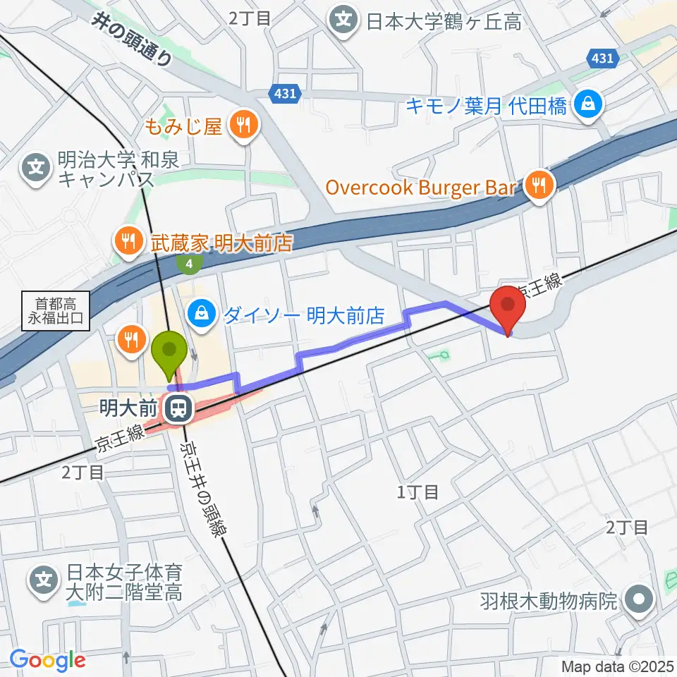 明大前駅からスタジオ・イヴ Stringraphyへのルートマップ地図