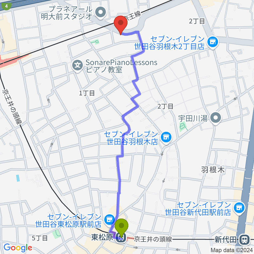 東松原駅からスタジオ・イヴ Stringraphyへのルートマップ地図