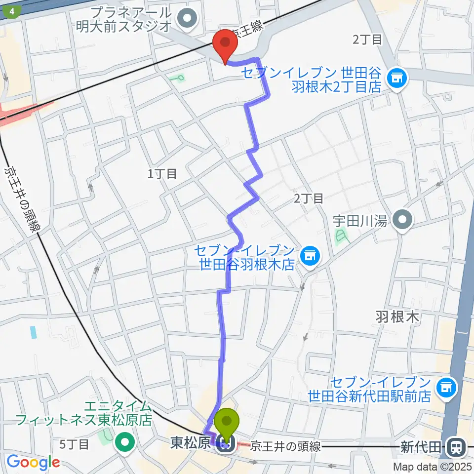 東松原駅からスタジオ・イヴ Stringraphyへのルートマップ地図