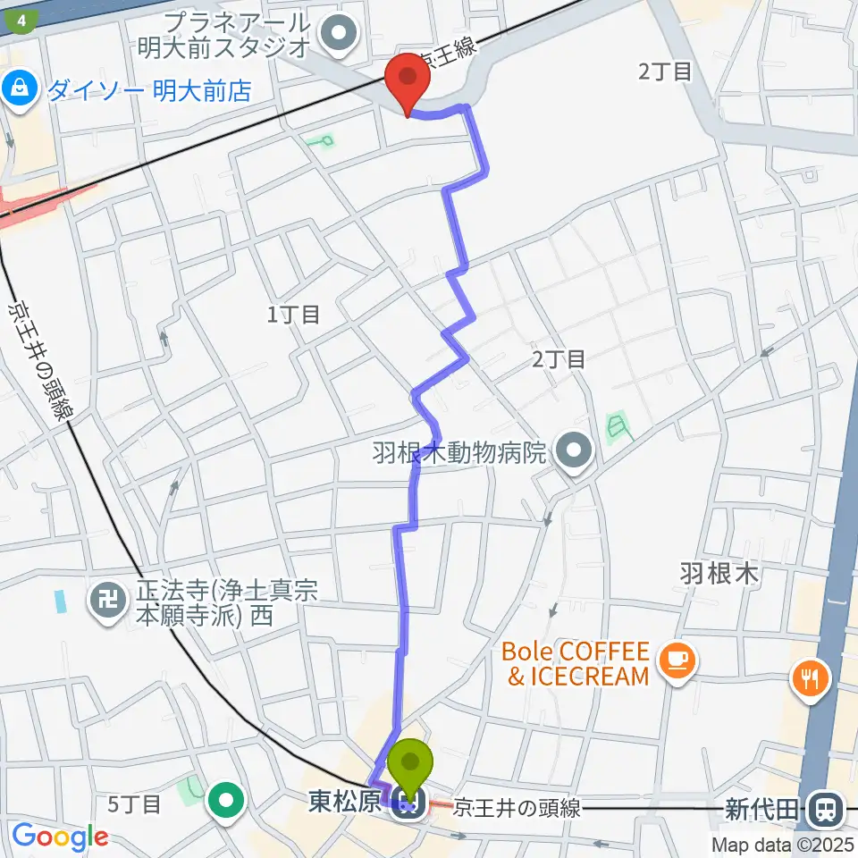 東松原駅からスタジオ・イヴ Stringraphyへのルートマップ地図