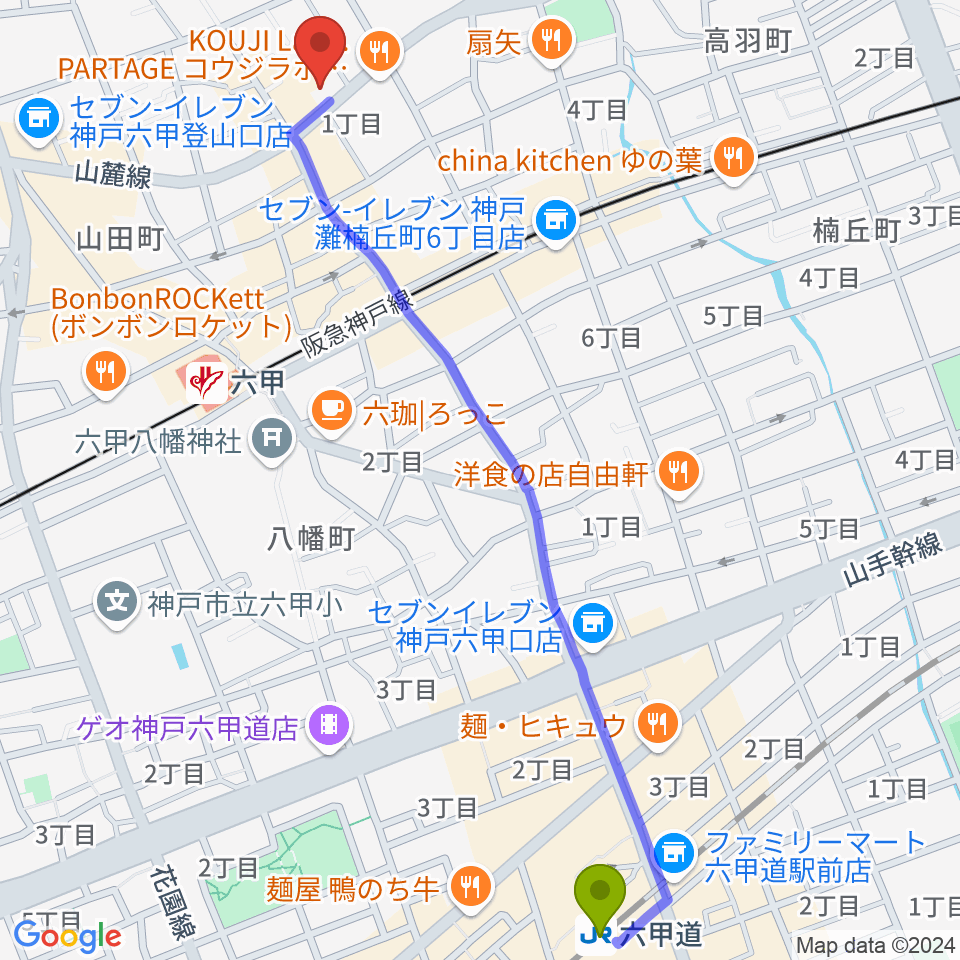 六甲道駅から里夢 SATOMへのルートマップ地図