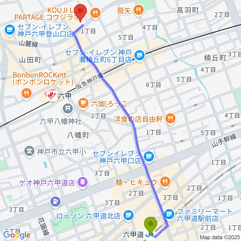 六甲道駅から里夢 SATOMへのルートマップ地図