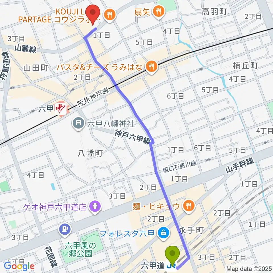 六甲道駅から里夢 SATOMへのルートマップ地図