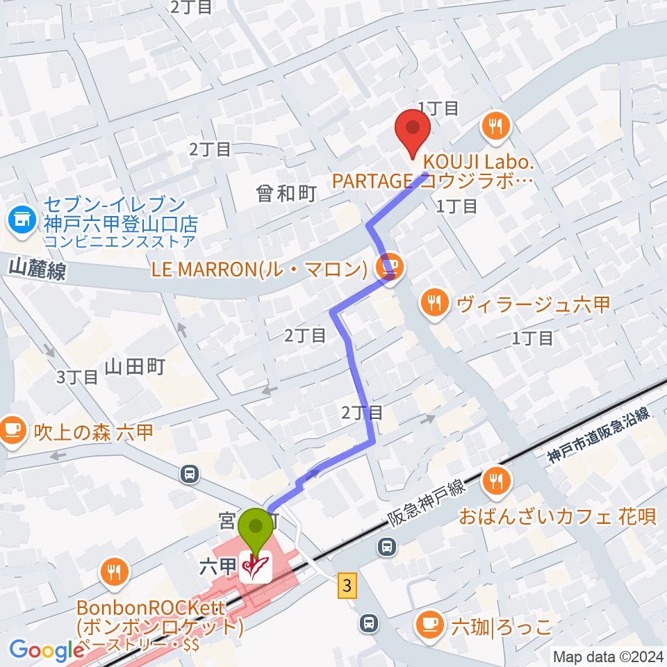 里夢 SATOMの最寄駅六甲駅からの徒歩ルート（約5分）地図