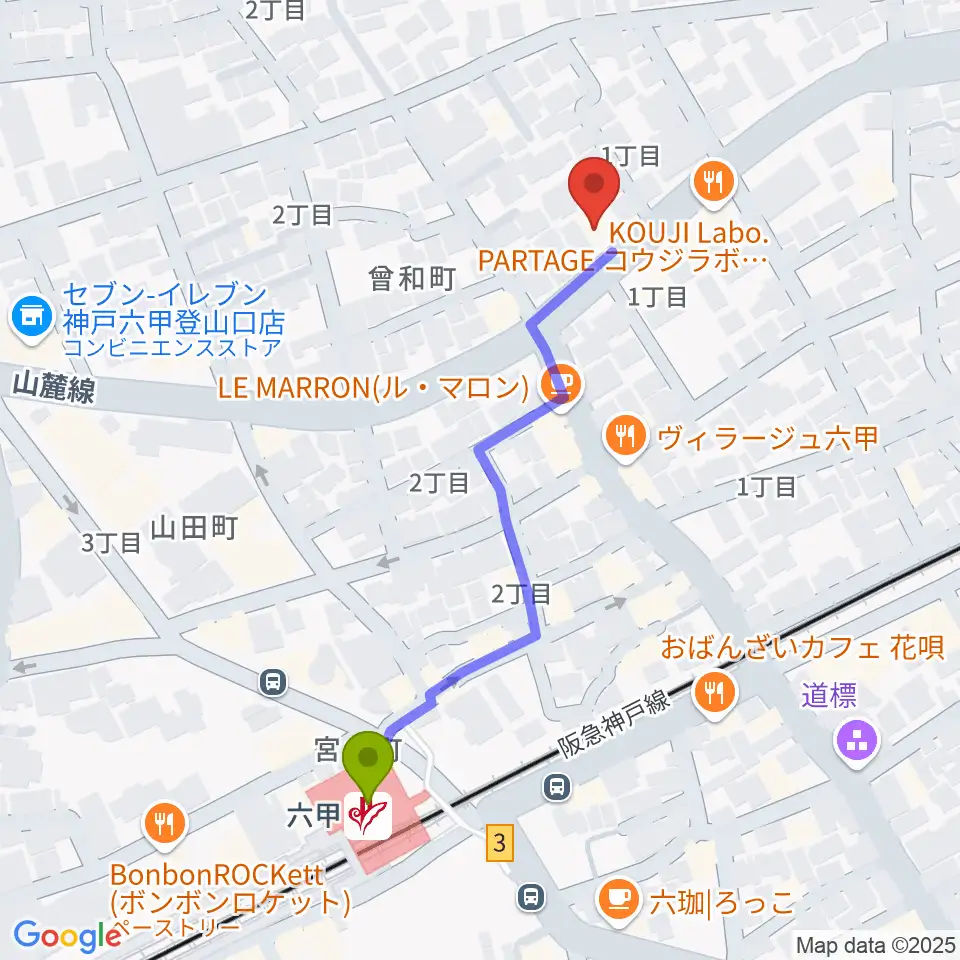 里夢 SATOMの最寄駅六甲駅からの徒歩ルート（約5分）地図