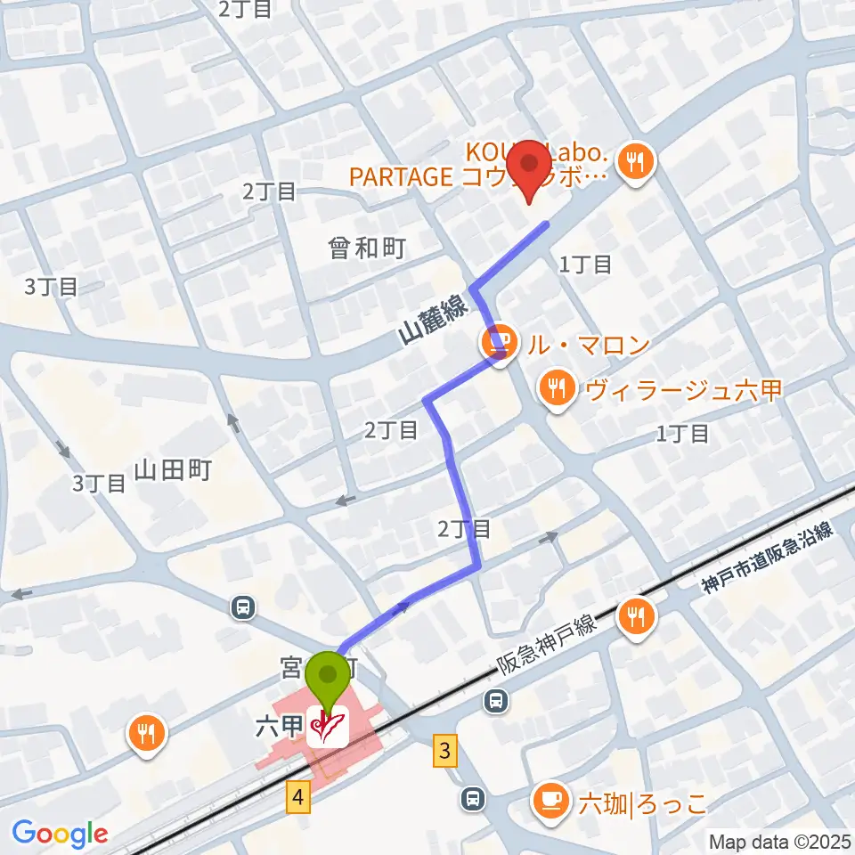 里夢 SATOMの最寄駅六甲駅からの徒歩ルート（約5分）地図