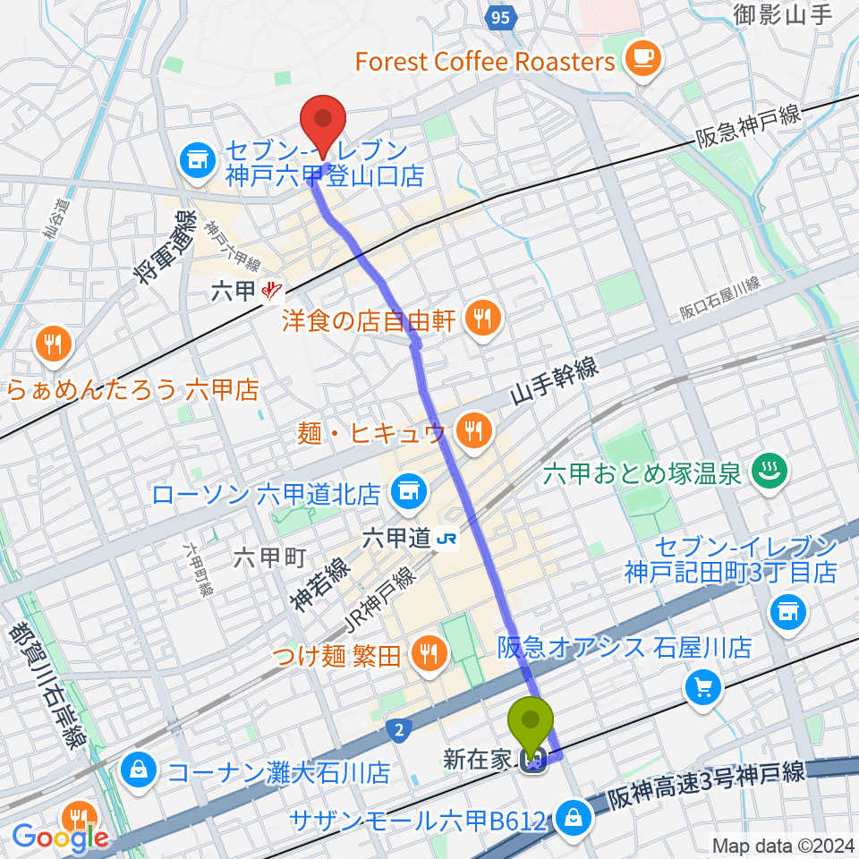 新在家駅から里夢 SATOMへのルートマップ地図