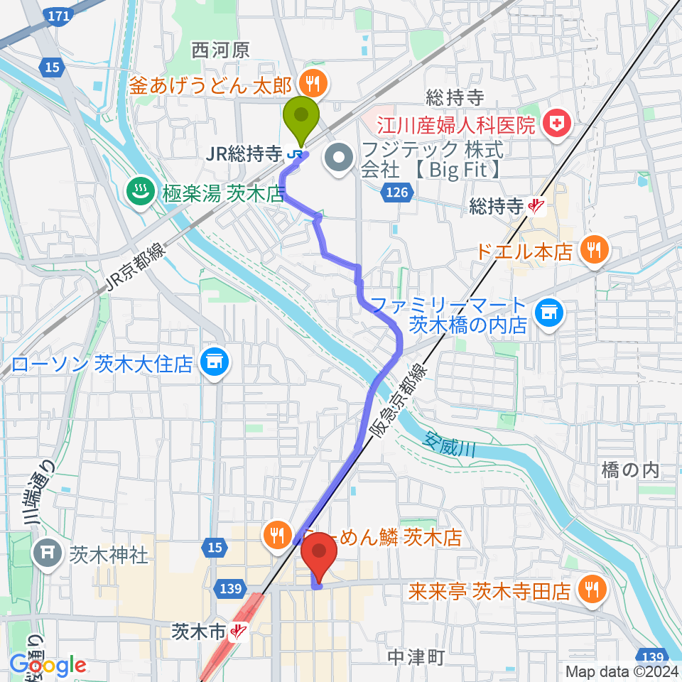 JR総持寺駅からスタジオMSWへのルートマップ地図