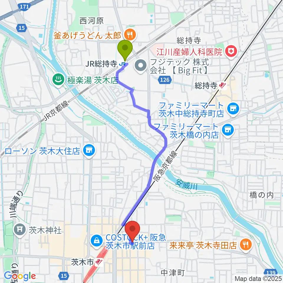 JR総持寺駅からスタジオMSWへのルートマップ地図