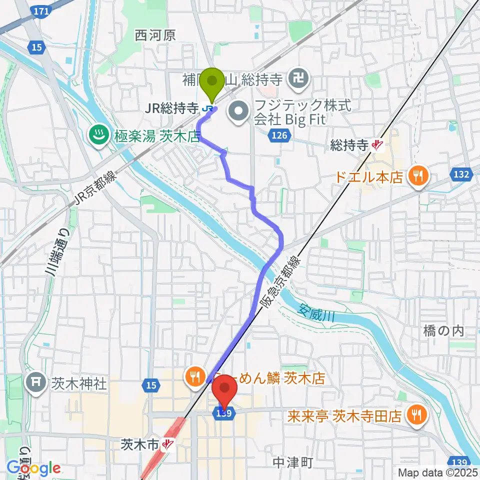 JR総持寺駅からスタジオMSWへのルートマップ地図