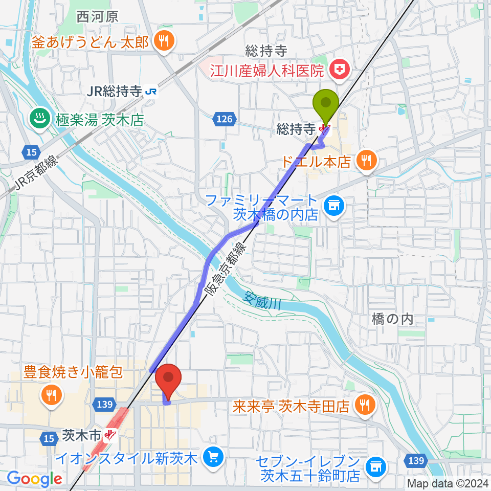 総持寺駅からスタジオMSWへのルートマップ地図