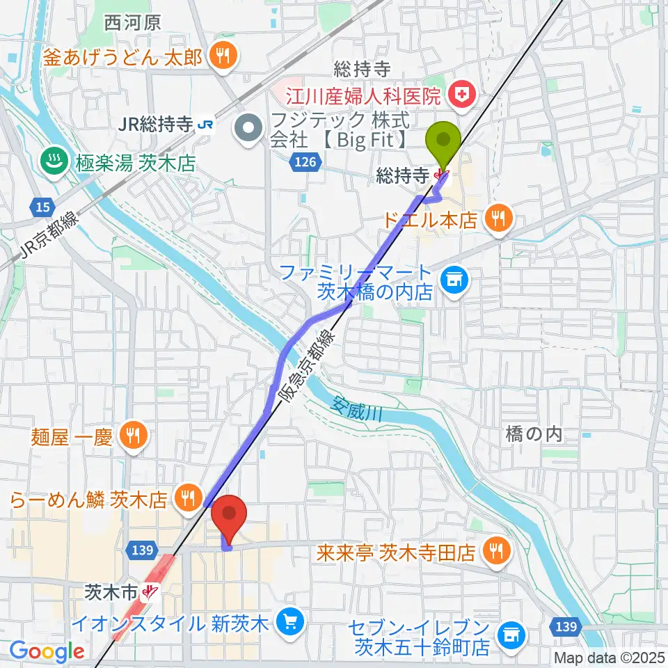 総持寺駅からスタジオMSWへのルートマップ地図