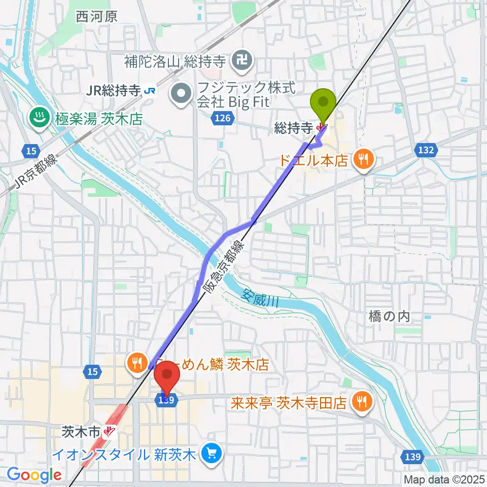 総持寺駅からスタジオMSWへのルートマップ地図