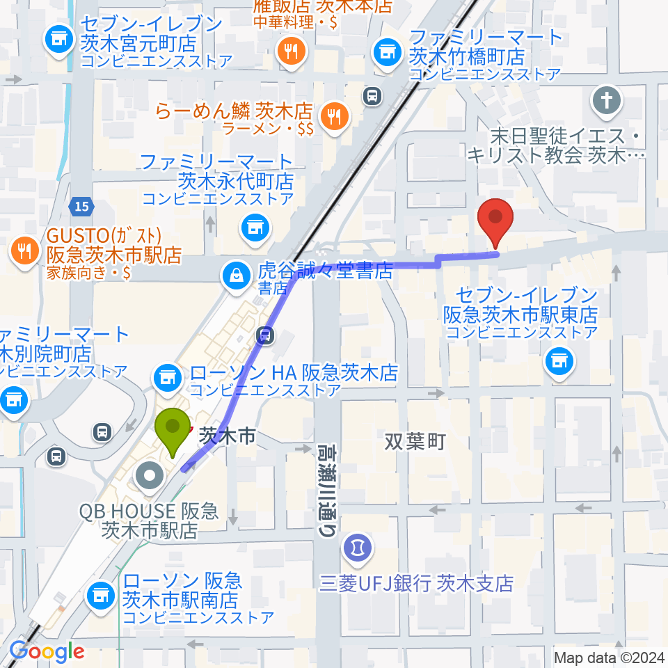 スタジオMSWの最寄駅茨木市駅からの徒歩ルート（約5分）地図