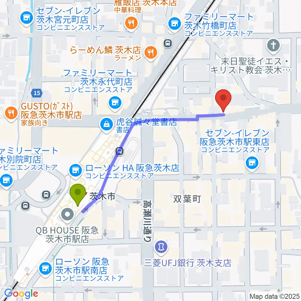 スタジオMSWの最寄駅茨木市駅からの徒歩ルート（約5分）地図