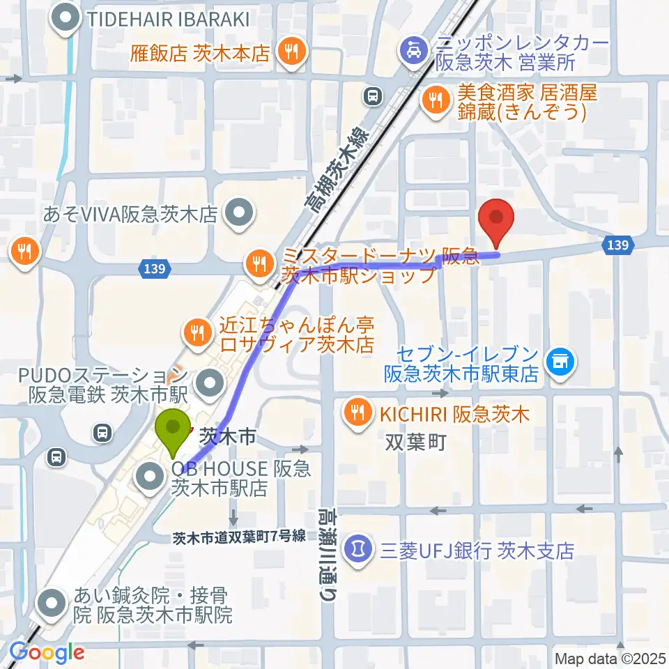 スタジオMSWの最寄駅茨木市駅からの徒歩ルート（約5分）地図