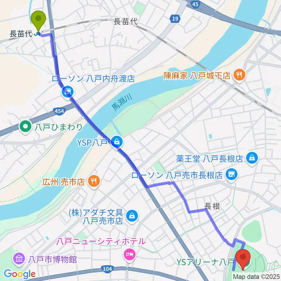 長苗代駅からYSアリーナ八戸へのルートマップ地図