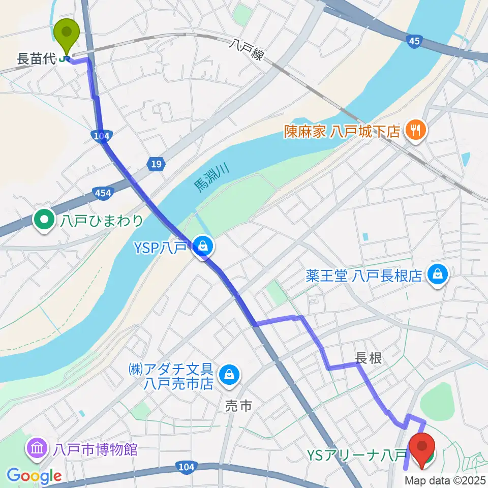 長苗代駅からYSアリーナ八戸へのルートマップ地図