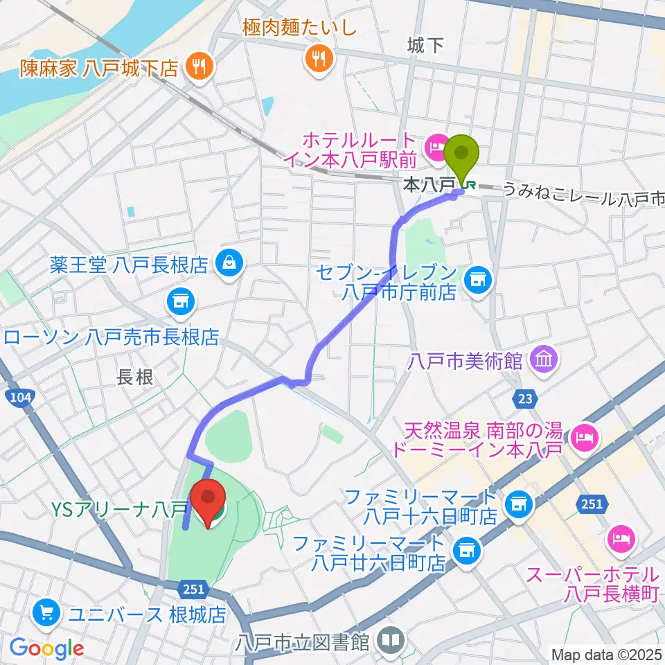 YSアリーナ八戸の最寄駅本八戸駅からの徒歩ルート（約19分）地図