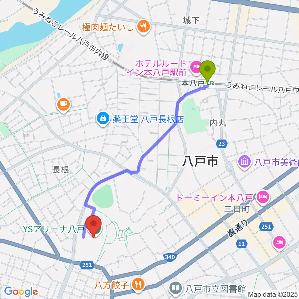 YSアリーナ八戸の最寄駅本八戸駅からの徒歩ルート（約19分）地図