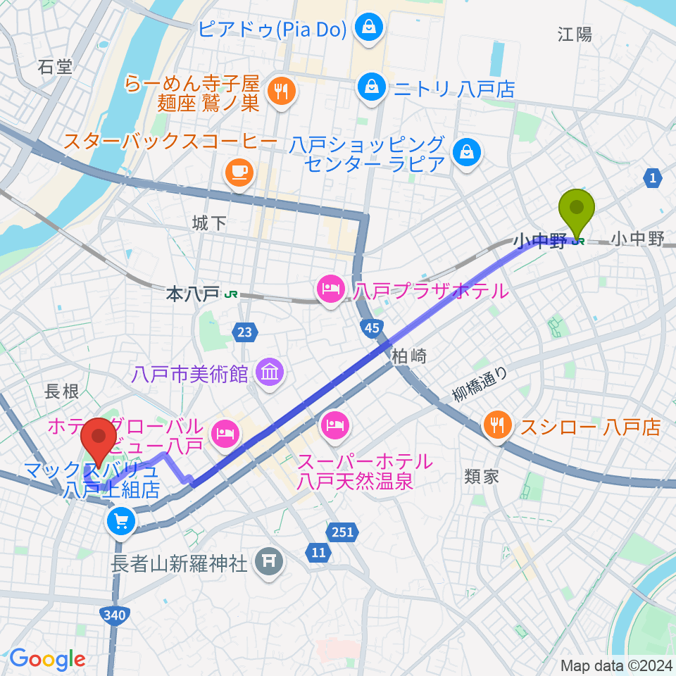 小中野駅からYSアリーナ八戸へのルートマップ地図