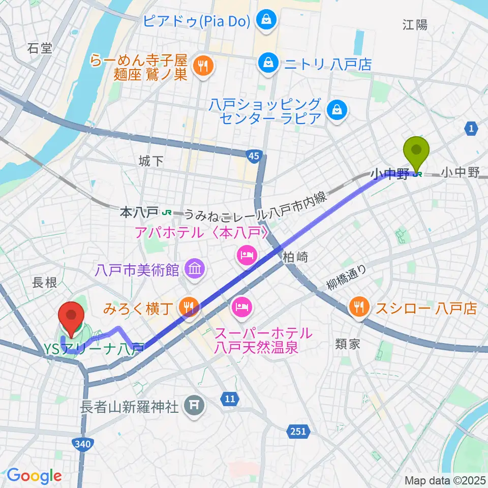 小中野駅からYSアリーナ八戸へのルートマップ地図