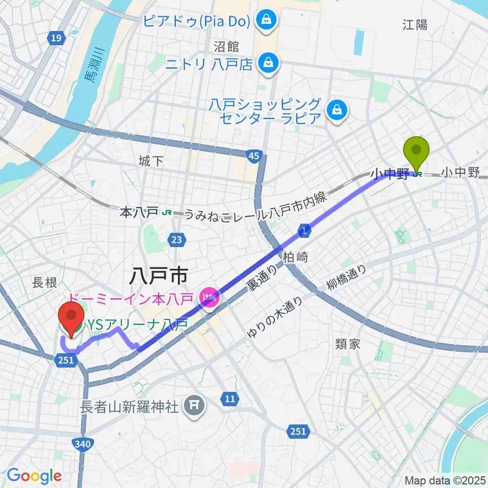 小中野駅からYSアリーナ八戸へのルートマップ地図