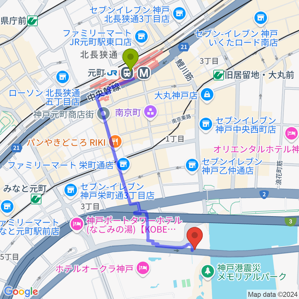 元町駅からフィッシュダンス音楽練習場へのルートマップ地図