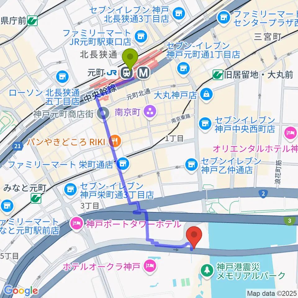 元町駅からフィッシュダンス音楽練習場へのルートマップ地図