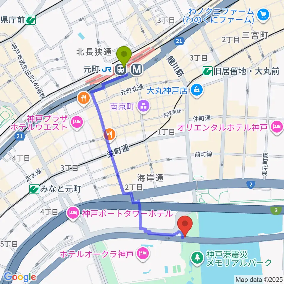 元町駅からフィッシュダンス音楽練習場へのルートマップ地図