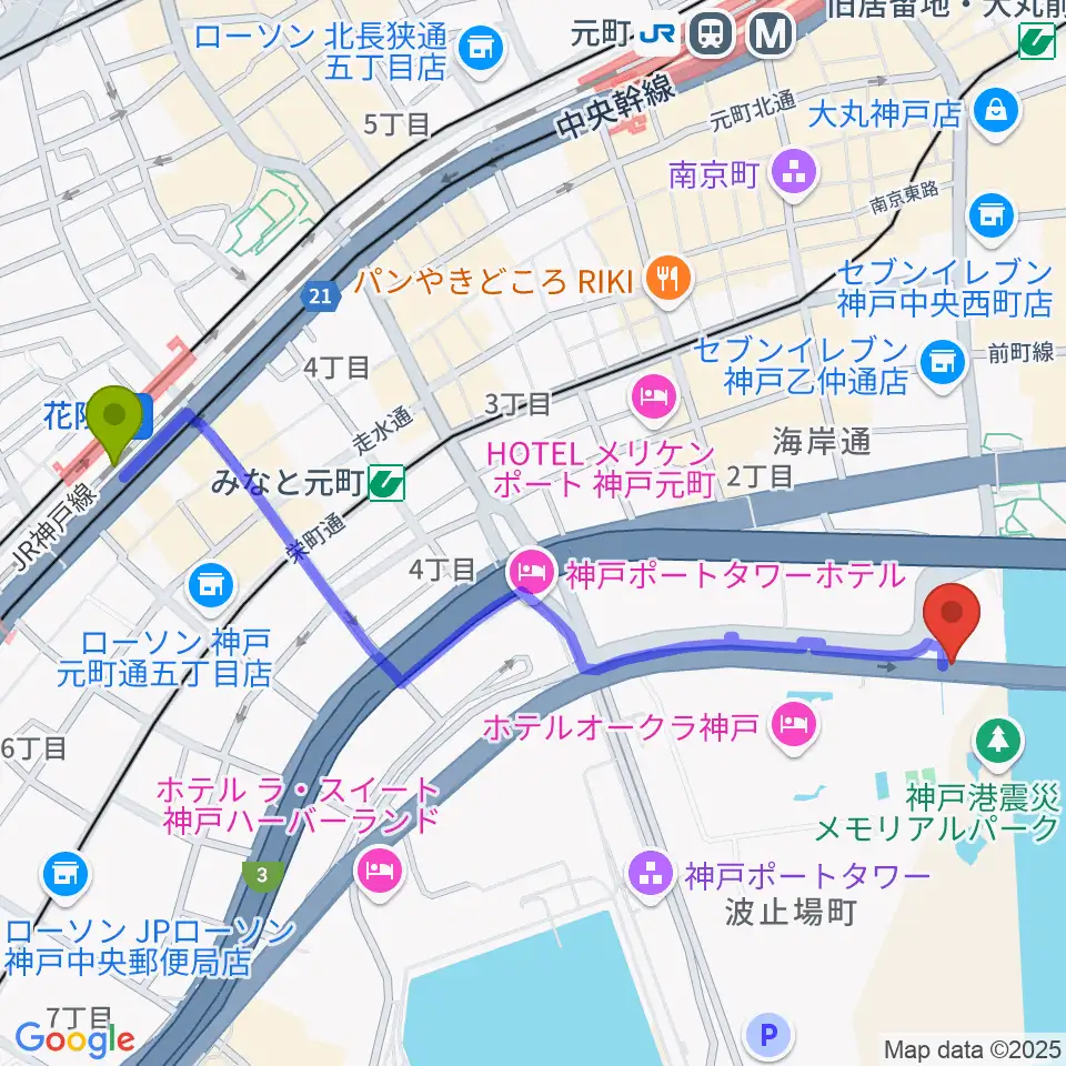 花隈駅からフィッシュダンス音楽練習場へのルートマップ地図