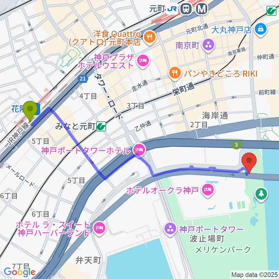 花隈駅からフィッシュダンス音楽練習場へのルートマップ地図